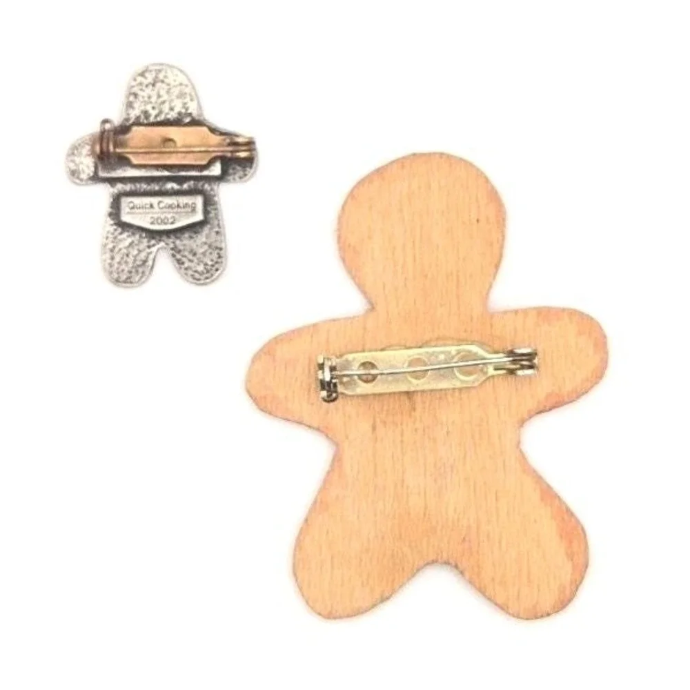Vintage Gingerbread Brooch Pins 2002 Pewter Quick Cooking and Hand Painted‎ Wood